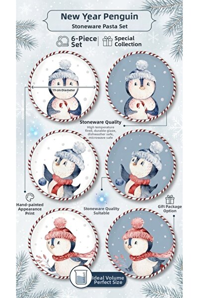 The Mia Christmas Themed Penguin Patterned Stoneware 6-Piece Cake Plate Set 1...