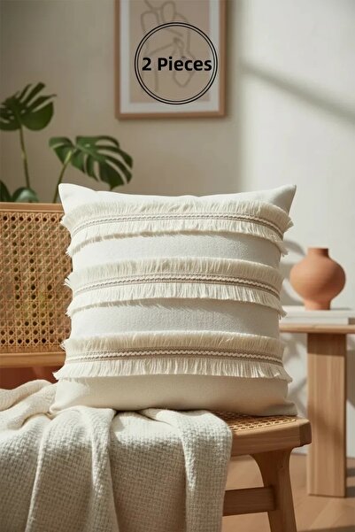 NDC HOME Husă de pernă cu ciucuri de iută cu design special, cremă de in, (45...