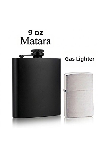 Gezginimport 9 oz Steel Flask & Gasoline Lighter Gift Set Flask Set Whiskey C...