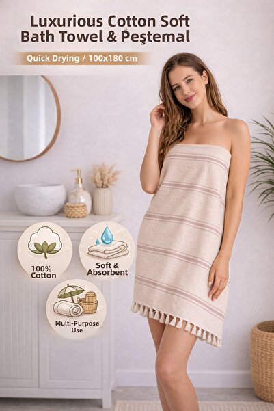 TECHTACT منشفة حمام وشاطف من القطن الطبيعي، ناعمة، مخططة، مزينة بالشراشيب (10...