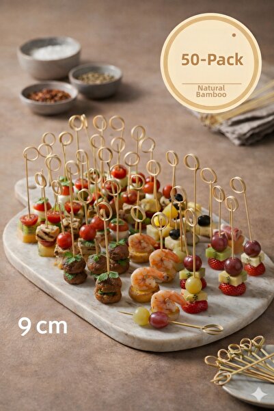 TOYFEST Pack of 50, 9 cm Decorative Round Bamboo Toothpicks - Cocktail Toothp...