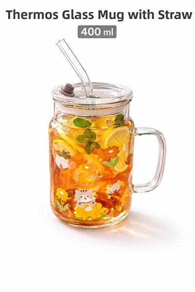 Two Two كوب زجاجي مزخرف بالزهور مع غطاء وشفاطة 400 مل - غطاء حافظ للحرارة، تص...