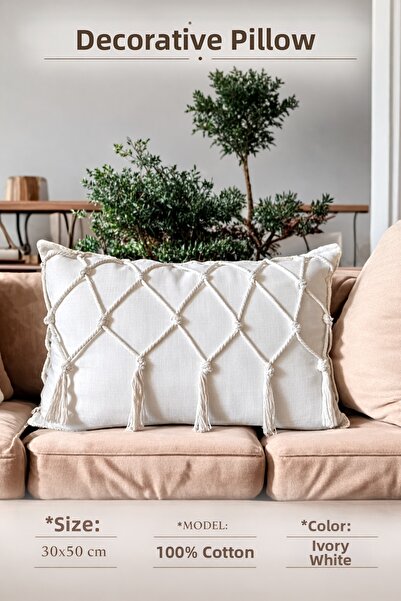 Alacastore Linen Fabric Macrame Handmade Throw Pillow Cover White Decoration ...
