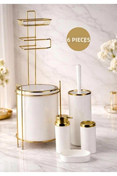Okyanus Home حامل ورق تواليت دائري ذهبي اللون وطقم حمام مكون من 6 قطع - أبيض ...