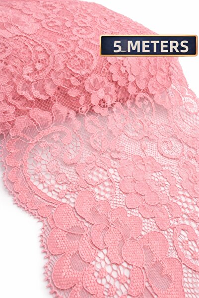 Ak Tuhafiye قماش قابل للتمدد دانتيل عرض مرن سم - وردي - 5 أمتار دانتيل قماش