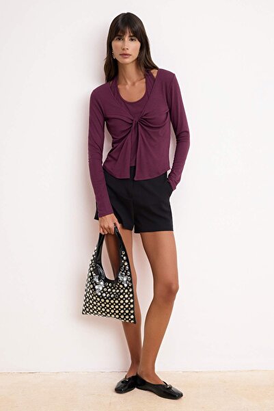 Trendyol Collection Plum Fitted/V-Fitted V-Neck Long Sleeve Soft Knitted Blou...