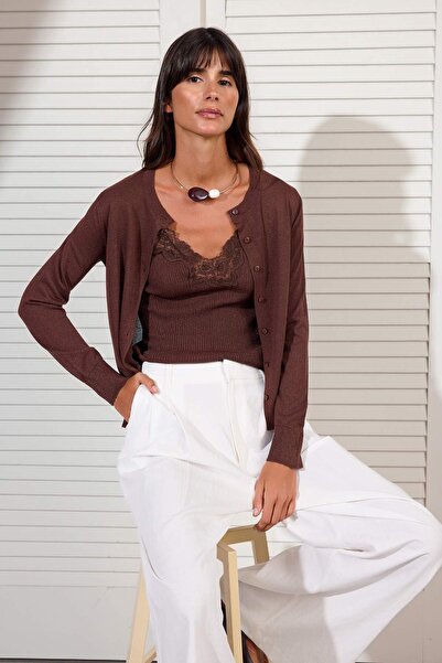 Trendyol Collection Bluză-cardigan maro din tricotaj cu fir special de vară, ...