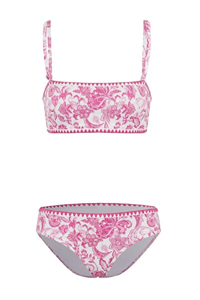 Trendyol Collection Ružičasti šal, bikinij set bez naramenica sa uzorkom i ve...