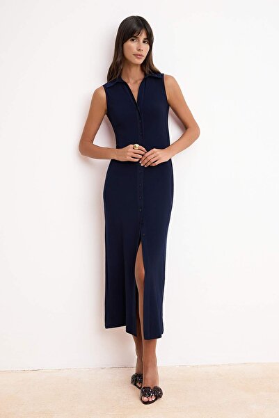 Trendyol Collection Navy Blue Bodycon Shirt Collar Buttoned Sleeveless Maxi S...