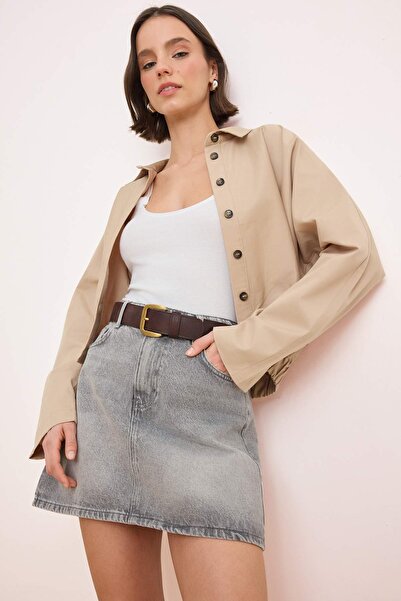 Trendyol Collection Grauer Mini-Jeansrock aus 100 % Baumwolle mit mittlerer T...