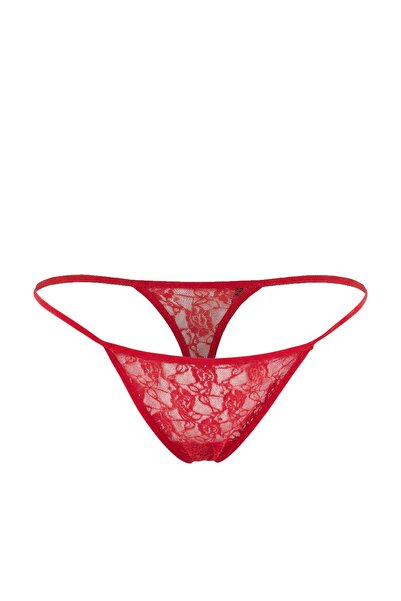Trendyol Curve Rotes Spitzen-Babydoll mit geknöpften Trägern und offenem Schr...