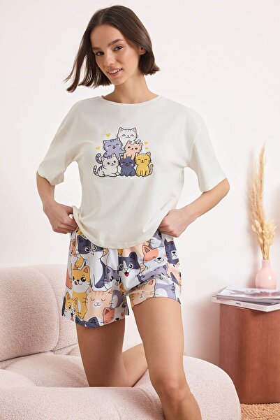 Trendyol Collection White Cat Patterned Cotton Pcs Stretch Fabric Soft Touch ...