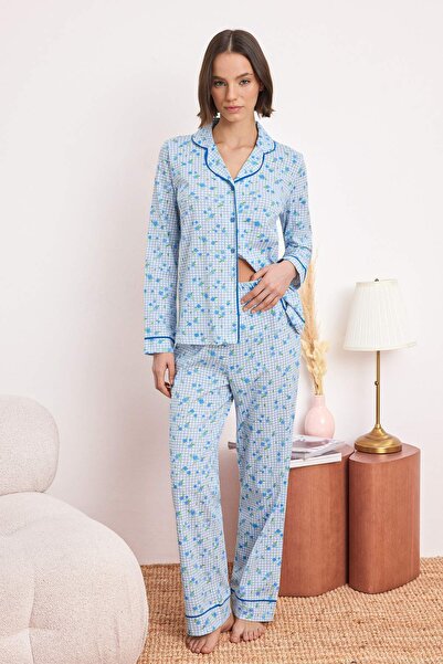 Trendyol Collection Set de pijamale tricotate din jerseu cu flori, 100% bumba...
