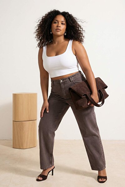 Trendyol Curve Braune High-Waist-Jeans im 90er-Jahre-Stil, gerade Passform, 1...