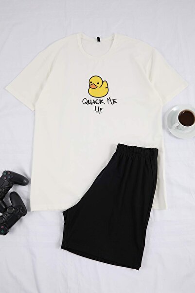 Trendyol Collection Ecru Regular Cut Pyjama-Set aus Baumwolle mit Entenmuster...