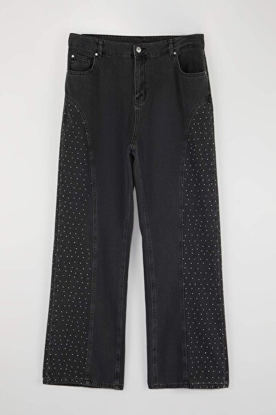 Trendyol Curve Blugi gri cu talie înaltă, cu picior larg, confortabili, cu el...