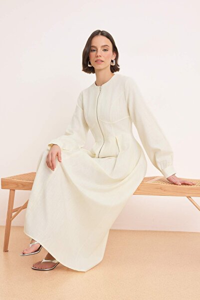 Trendyol Modest Rochie ecru din gabardină simplă, fără căptușeală, pentru fem...