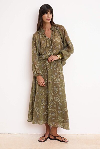 Trendyol Collection Šifon boje kaki Etnički dezen Postavljeno duga maksi sukn...