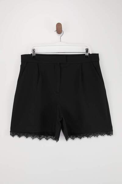 Trendyol Curve Black Lace-Waisted Woven Plus Size Shorts Tbbss26Ap00029