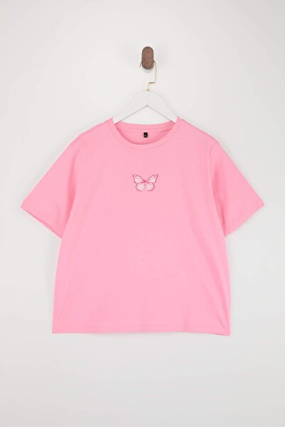Trendyol Curve Pink Crew Neck Butterfly Printed Cropped Knitted Oversize T-Sh...