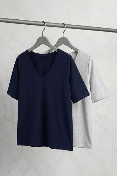 Trendyol Curve Navy Blue-Grey 2 Pack Lycra Combed Cotton Single Jersey Knitte...