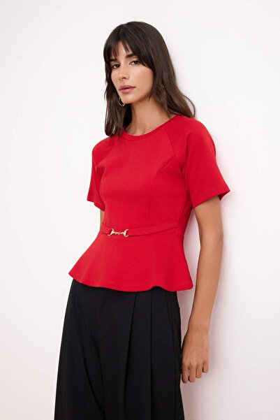Trendyol Collection Red Peplum Raglan Sleeve Short Sleeve Accessory Detailed ...