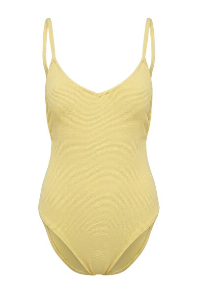 ترينديول كوليكشن ملابس سباحة أساسية عادية ذات ملمس أصفر وفتحة رقبة على شكل حر...