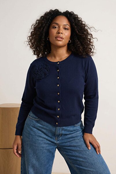 Trendyol Curve Navy Blue Floral Cotton Basic Knitwear Cardigan Tbbaw26Av00061