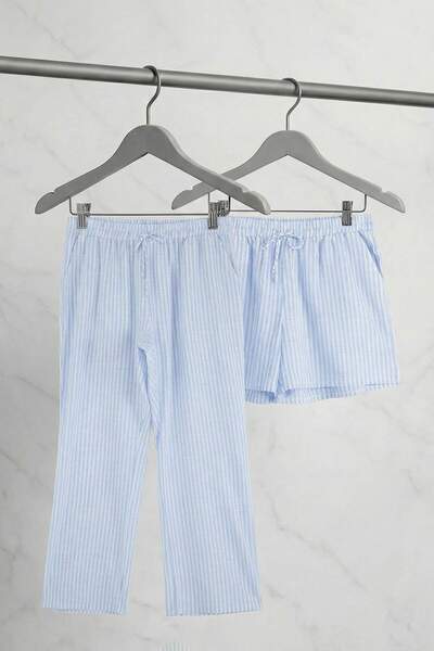 Trendyol Curve Μπλε ριγέ σορτς-παντελόνια σε πακέτο υφαντά μεγάλου μεγέθους π...