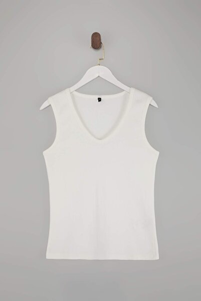 Trendyol Curve Tricou tricotat elastic, fără mâneci, croială mulată, ecru TBB...