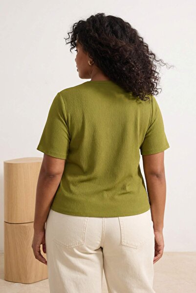 Trendyol Curve Πλεκτή μπλούζα με λεπτομέρεια περιτύλιξης Oil Green διπλό πέτο...
