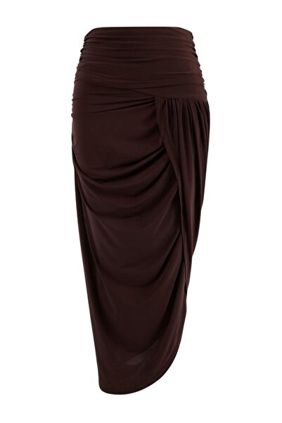 Trendyol Curve Limited Edition Brown Sandy Ruched Detail Knitted Plus Size Sk...