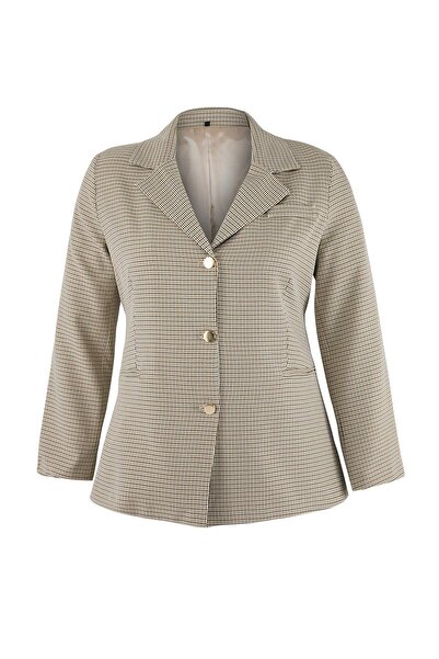 Trendyol Curve Πολύχρωμο καρό/καρέ υφαντό μπουφάν μεγάλου μεγέθους με ρυθμιζό...