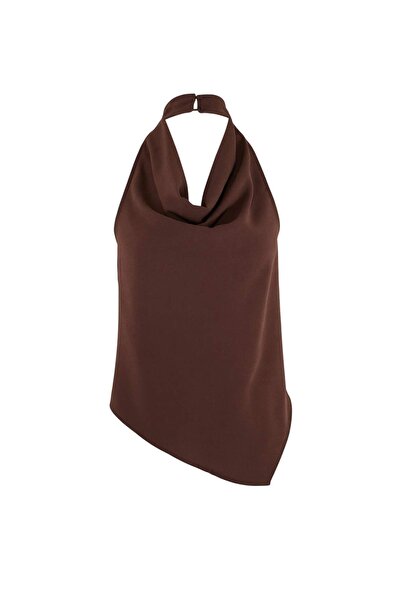 Trendyol Collection Smeđa bluza od tkanog krepa sa niskim izrezom i ovratniko...