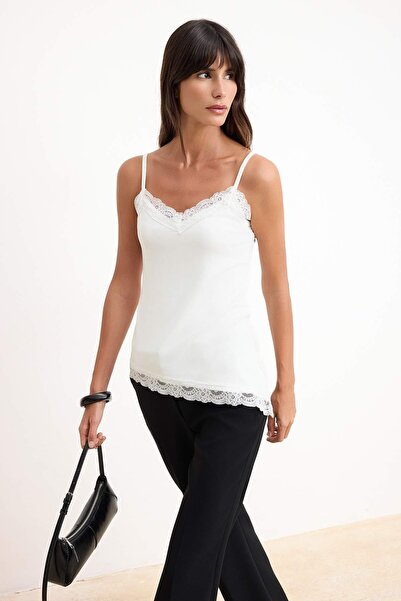 Trendyol Collection Ecru Regular/Normal Fit V-Neck Thin Straps Sleeveless Lac...