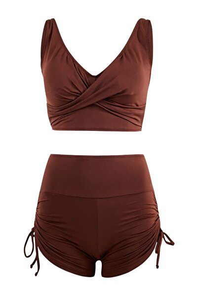 Trendyol Collection Καφέ Σετ Μπικίνι με Σορτς και Λεπτομέρεια Δεσίματος με Το...