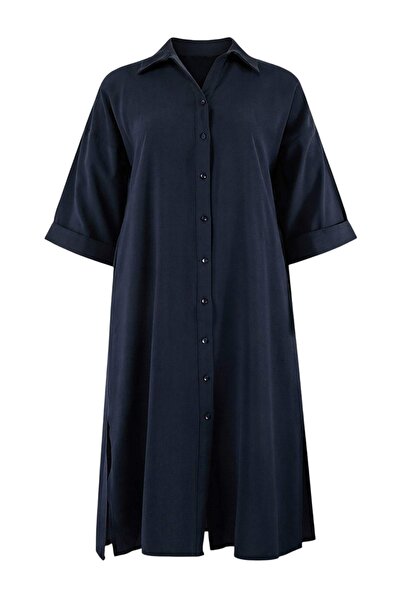 Trendyol Curve Navy Blue Finike Woven Large Size Dress Tbbss26Ah00035