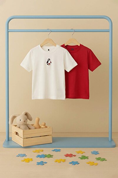 TRENDYOLKIDS Ecru-Red 2-Piece Plain Knitted T-Shirt Tkdss26Ts00009