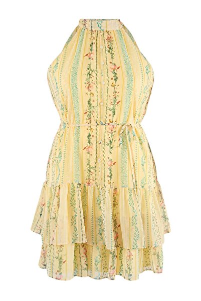 Trendyol Curve Žuta Cvetni dezen A-kroj Boho slojevita Postavljeno šifonska l...