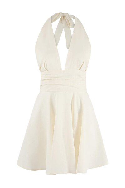 Trendyol Collection Εκρού Υφαντό V-Neck Super Mini λεπτομέρεια με σούρες 100%...