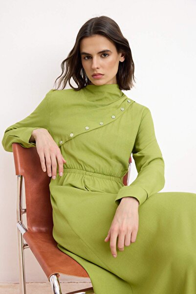 Trendyol Modest Χακί Φόρεμα Τσετετούρ από Μείγμα Λινών με Ελαστική Μέση και Ί...