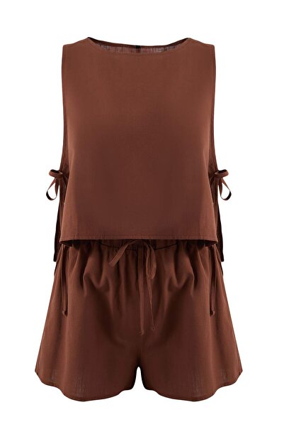 Trendyol Collection Brown Woven Tie Detail Beach Mini High Waist Blouse-Short...
