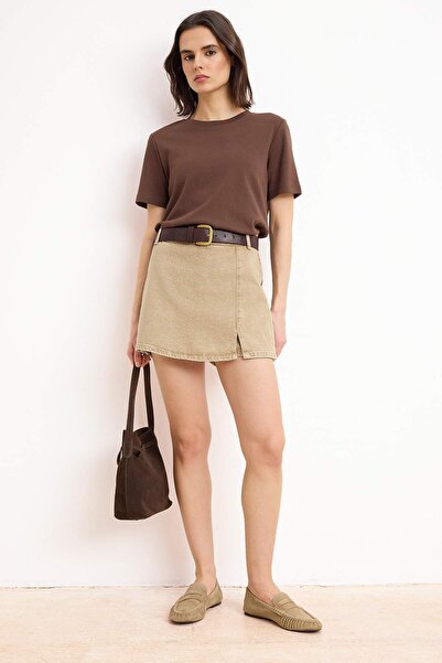 Trendyol Collection Beige Slit Mini Denim Shorts Skirt Twoss23Sr00091