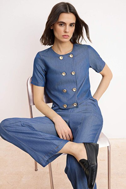 Trendyol Collection Πουκάμισο Indigo με υφαντό παντελόνι - Σετ Τοπ και Παντελ...