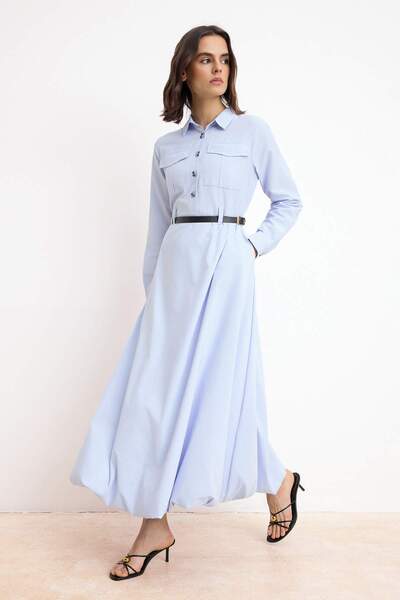 Trendyol Modest Light Blue Unlined Plain Woven Terrycotton Hijab Dress Tctss2...