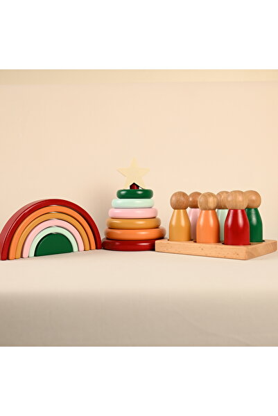 Zyt Tasarım Ahşap Halka Kule Gökkuşağı Peg Bebek Mini Boy Eşleştirme Seti 6'lı