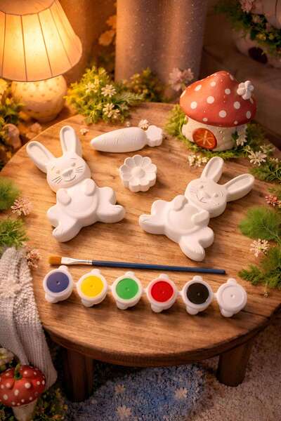 Atölye yüksel Tavşancıklar Taş Boyama Seti = 4 Taş + 6 Renk Boya + 1 Fırça