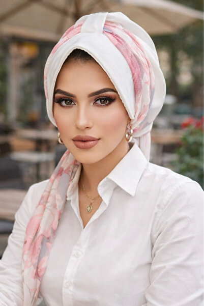 Aişe tesettür Kapa sa šeširom sa belim prahom i cvetnim uzorkom