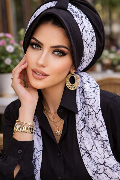 Aişe tesettür Μαύρο και άσπρο μπατίκ μοτίβο καπέλο με μαντήλι
