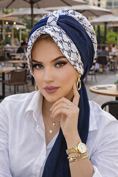 Aişe tesettür Mornarsko plavo-bela Sa deznom šal kapa